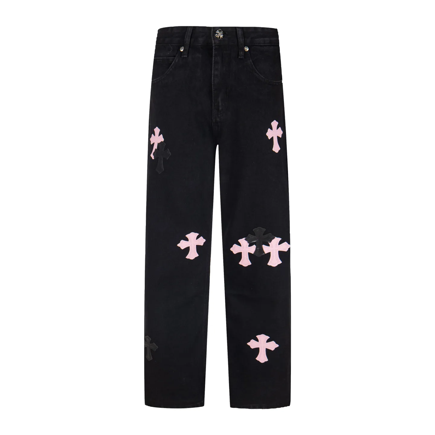 P260 Chrome Hearts Black Pants Sanskrit Black Pink Multi-Leather Jeans CH jeans need to be washed after the finished product is disassembled and then hand-stitched with sheepskin cross leather and then spliced ​​together to complete. The whole piece has too many craftsmanship to explain, patchwork cross flower embellishment, high-waisted washed jeans! ! Absolutely high-end luxury products, god-level single products and super popular products, made with top heavy industry, a must-see magic weapon. Customized hardware. The fabric is thick and soft after washing. It has good breathability. Customized small leather label. Unique design. The details are simple and elegant, and the workmanship is exquisite. The entire trousers are neatly routed and the details are in place! It’s so cool that both men and women can easily control the genderless trend! Style number: 1871# Color: black Size: 28 30 32 34